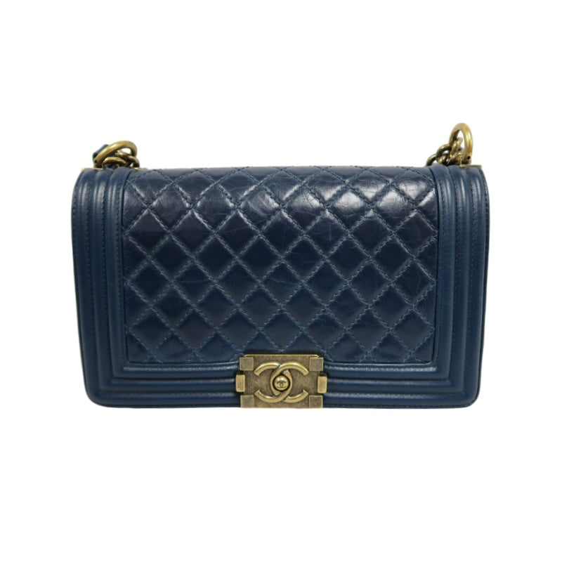 CHANEL Boy Quilted Lambskin Shoulder Bag Navy Gold Hardware