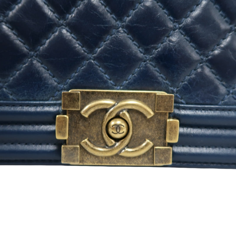 CHANEL Boy Quilted Lambskin Shoulder Bag Navy Gold Hardware