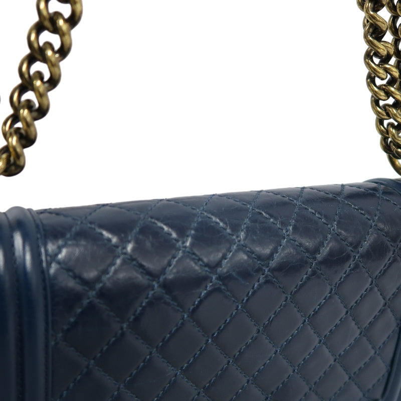 CHANEL Boy Quilted Lambskin Shoulder Bag Navy Gold Hardware