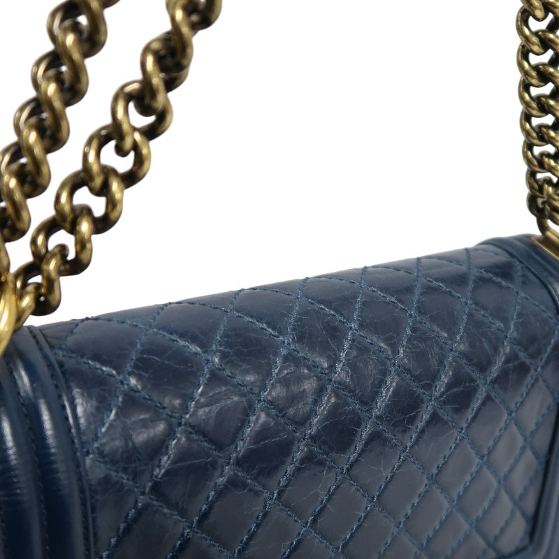CHANEL Boy Quilted Lambskin Shoulder Bag Navy Gold Hardware