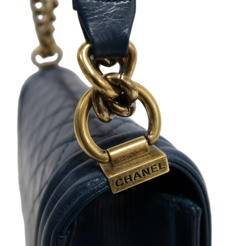 CHANEL Boy Quilted Lambskin Shoulder Bag Navy Gold Hardware