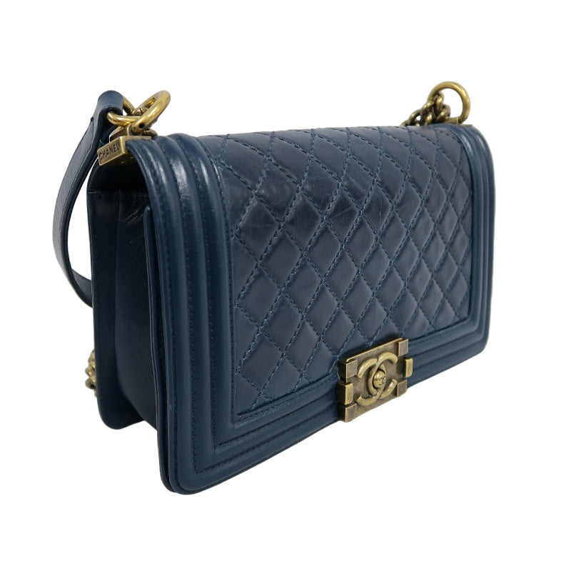 CHANEL Boy Quilted Lambskin Shoulder Bag Navy Gold Hardware