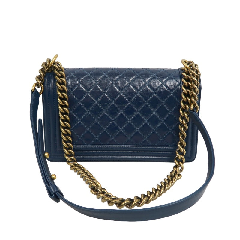 CHANEL Boy Quilted Lambskin Shoulder Bag Navy Gold Hardware