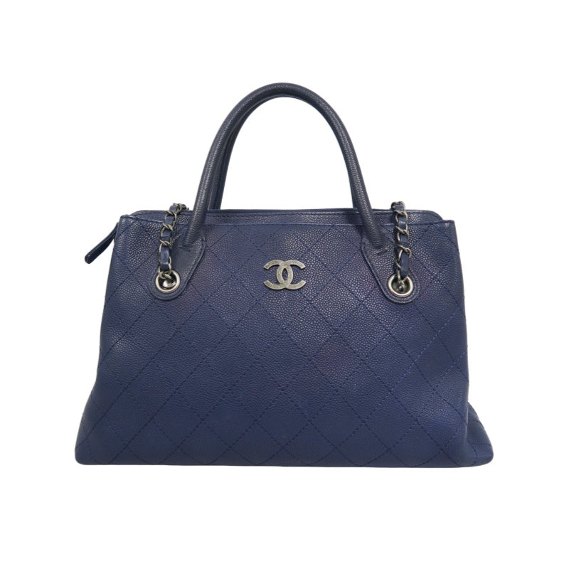 CHANEL Matelasse Calfskin Tote Shoulder Bag Blue Silver Hardware