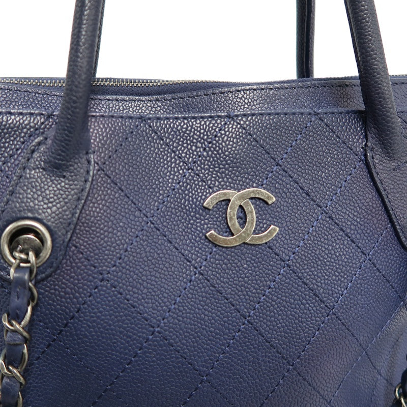 CHANEL Matelasse Calfskin Tote Shoulder Bag Blue Silver Hardware
