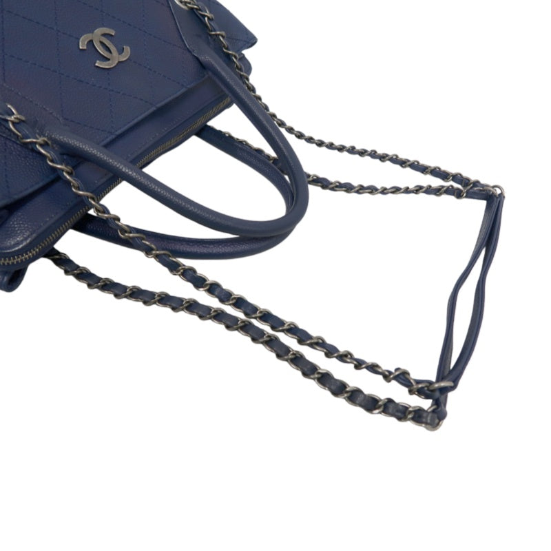 CHANEL Matelasse Calfskin Tote Shoulder Bag Blue Silver Hardware