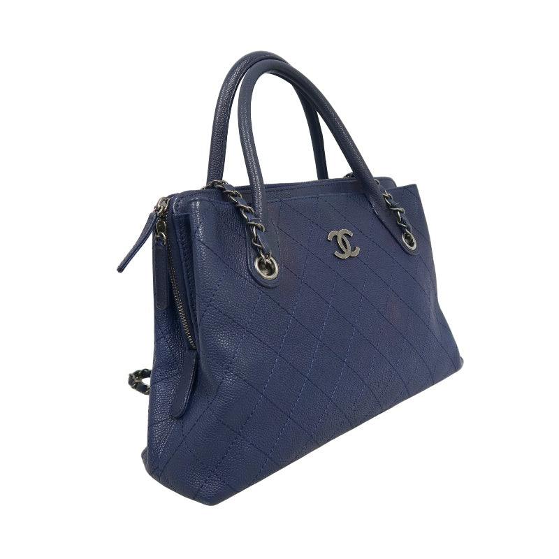 CHANEL Matelasse Calfskin Tote Shoulder Bag Blue Silver Hardware