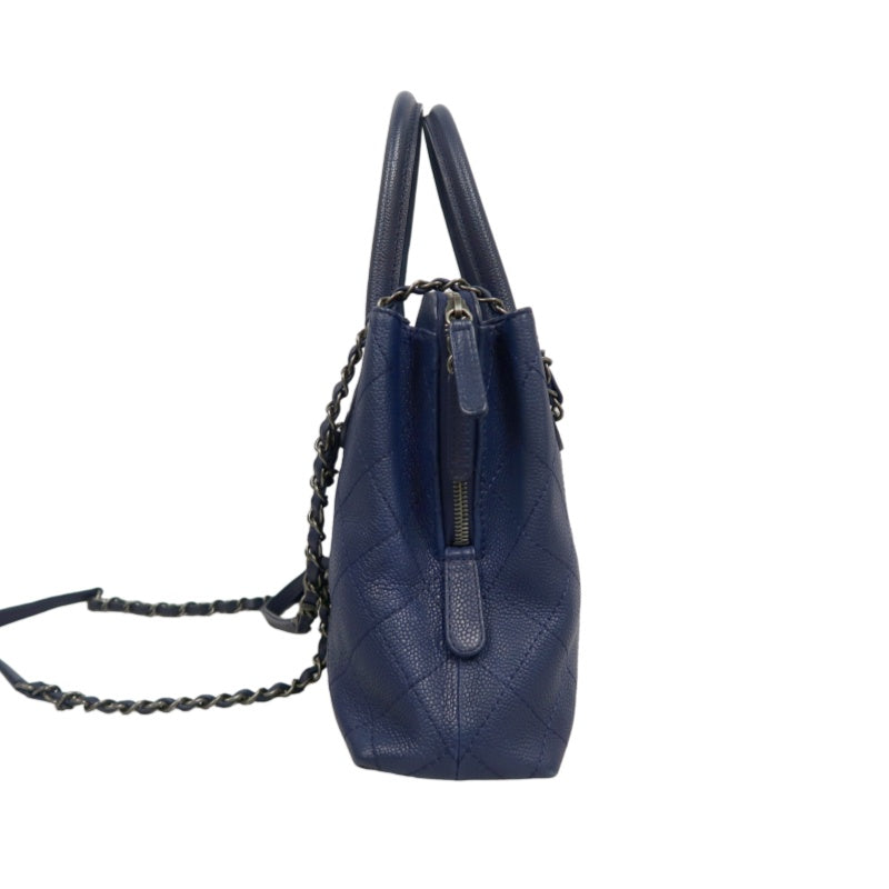 CHANEL Matelasse Calfskin Tote Shoulder Bag Blue Silver Hardware