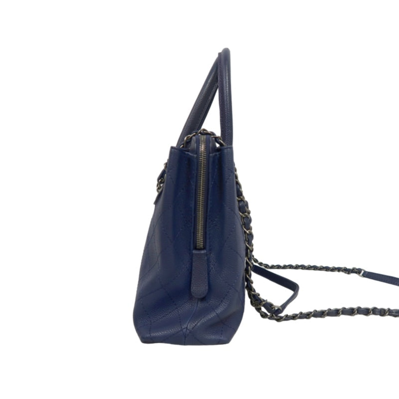 CHANEL Matelasse Calfskin Tote Shoulder Bag Blue Silver Hardware