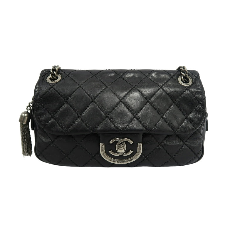 CHANEL Matelasse Lambskin Shoulder Bag Black Gold Hardware