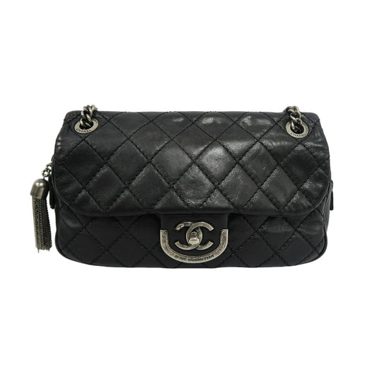 CHANEL Matelasse Lambskin Shoulder Bag Black Gold Hardware