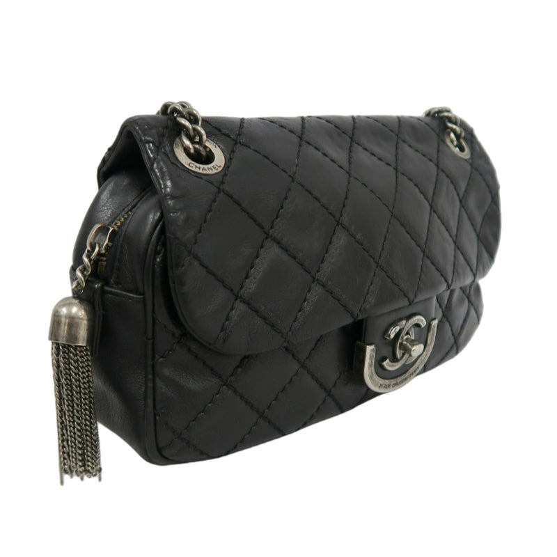 CHANEL Matelasse Lambskin Shoulder Bag Black Gold Hardware