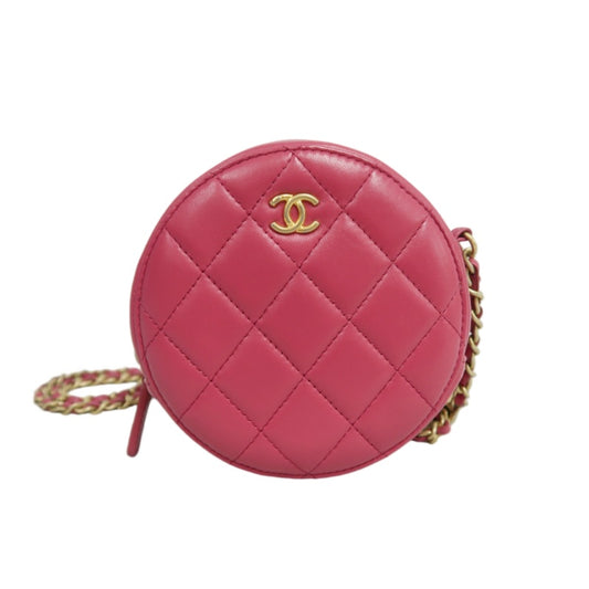 CHANEL Matelasse Mini Round Lambskin Shoulder Bag Pink Gold Hardware
