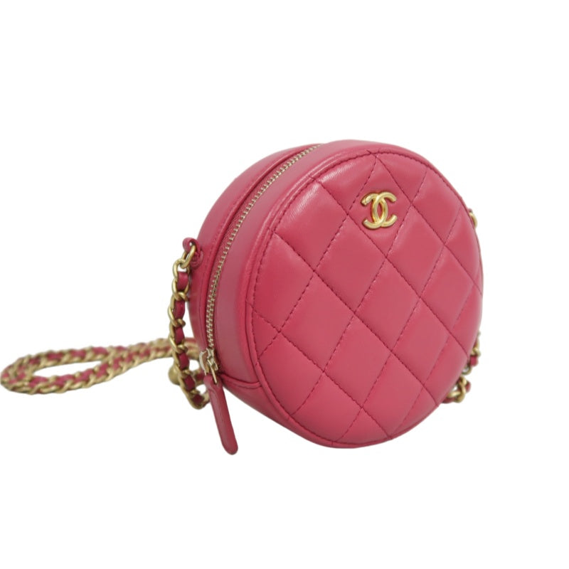 CHANEL Matelasse Mini Round Lambskin Shoulder Bag Pink Gold Hardware