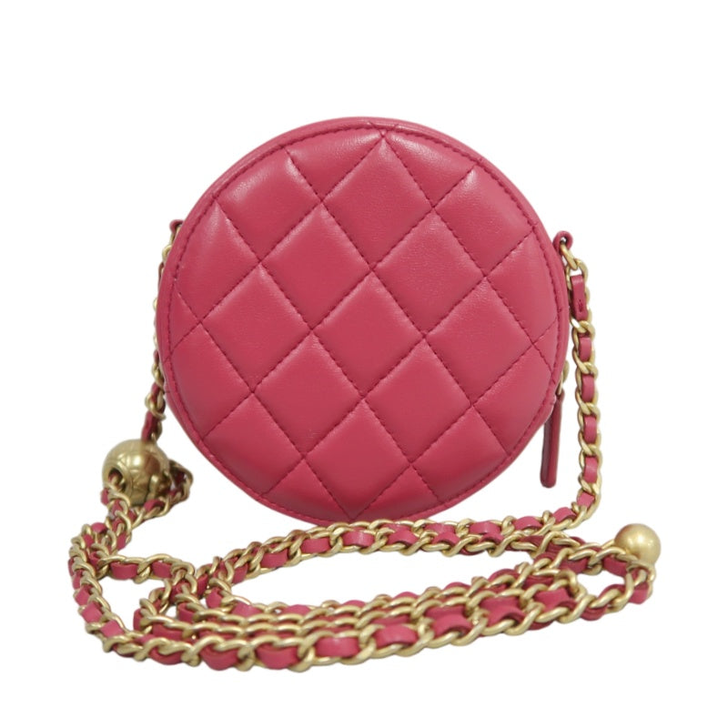 CHANEL Matelasse Mini Round Lambskin Shoulder Bag Pink Gold Hardware