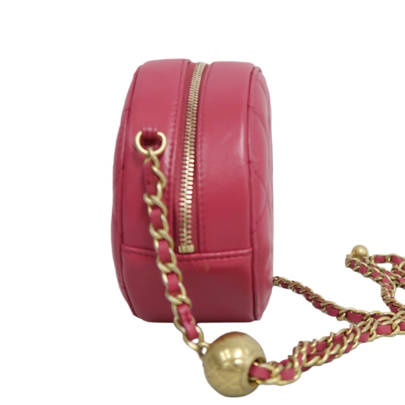 CHANEL Matelasse Mini Round Lambskin Shoulder Bag Pink Gold Hardware