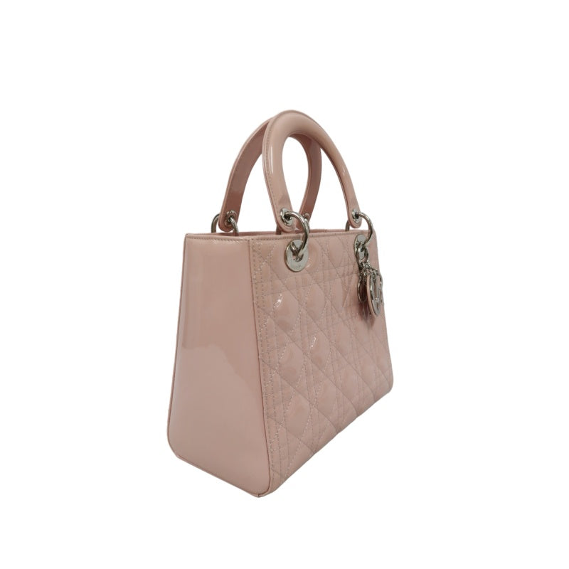 DIOR Cannage Lady Dior Lambskin Handbag Pink Silver Hardware With Shoulder Strap