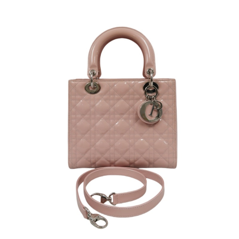 DIOR Cannage Lady Dior Lambskin Handbag Pink Silver Hardware With Shoulder Strap