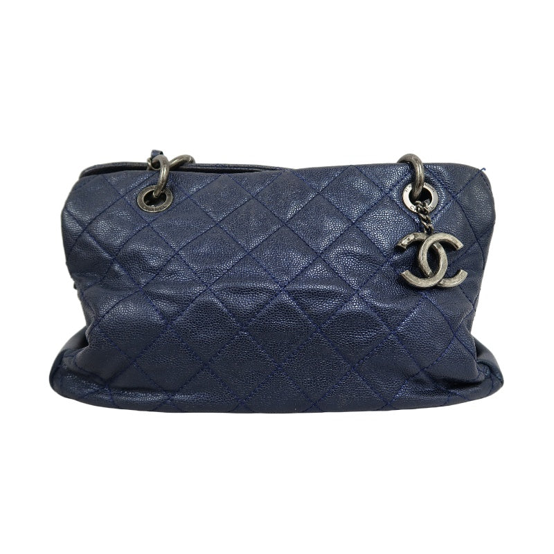 CHANEL Matelasse Calfskin Tote Shoulder Bag Navy Blue Silver Hardware