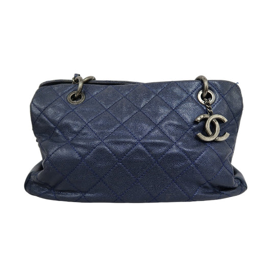 CHANEL Matelasse Calfskin Tote Shoulder Bag Navy Blue Silver Hardware