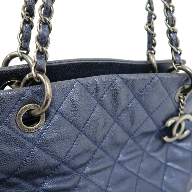 CHANEL Matelasse Calfskin Tote Shoulder Bag Navy Blue Silver Hardware