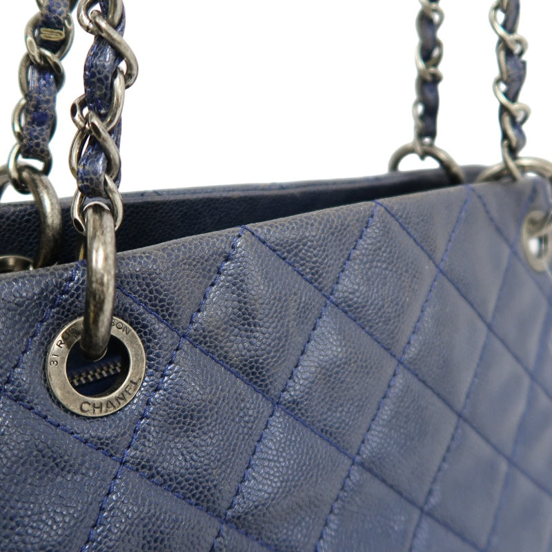 CHANEL Matelasse Calfskin Tote Shoulder Bag Navy Blue Silver Hardware
