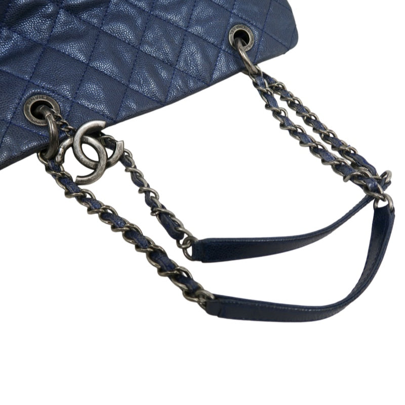 CHANEL Matelasse Calfskin Tote Shoulder Bag Navy Blue Silver Hardware