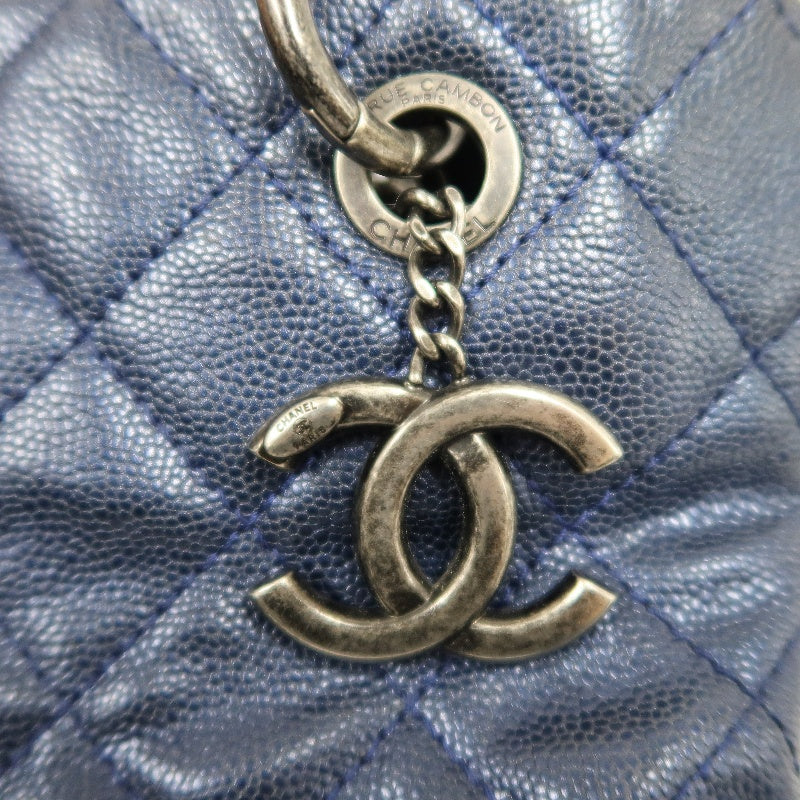 CHANEL Matelasse Calfskin Tote Shoulder Bag Navy Blue Silver Hardware