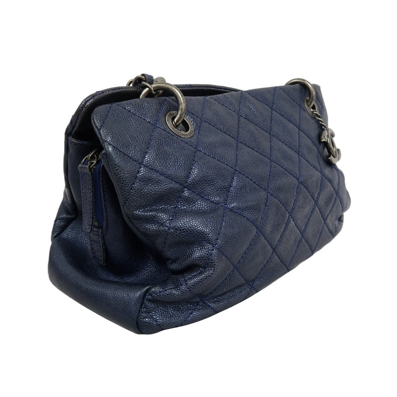 CHANEL Matelasse Calfskin Tote Shoulder Bag Navy Blue Silver Hardware