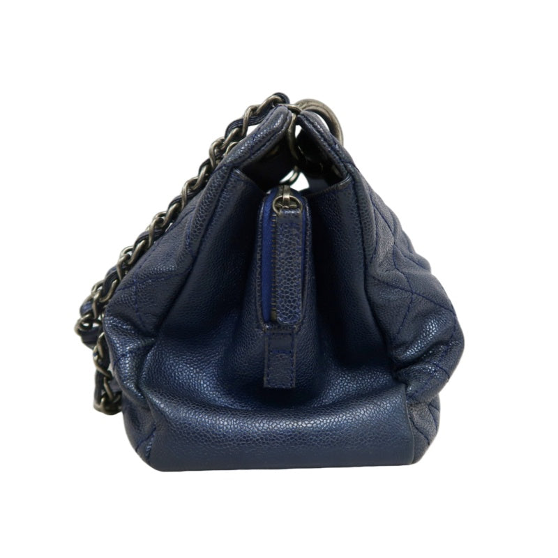CHANEL Matelasse Calfskin Tote Shoulder Bag Navy Blue Silver Hardware