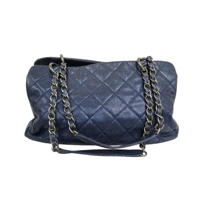 CHANEL Matelasse Calfskin Tote Shoulder Bag Navy Blue Silver Hardware