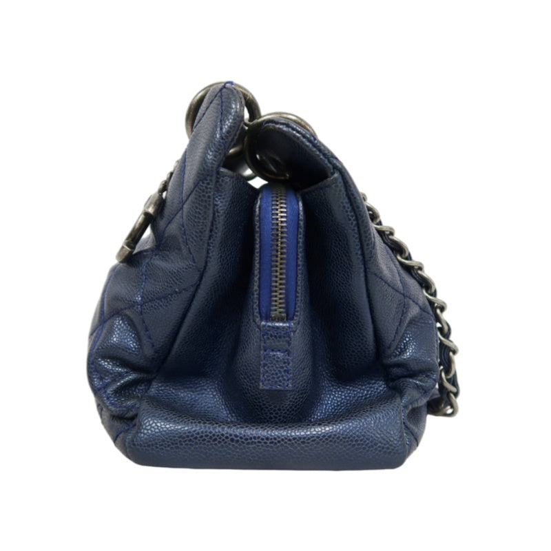 CHANEL Matelasse Calfskin Tote Shoulder Bag Navy Blue Silver Hardware