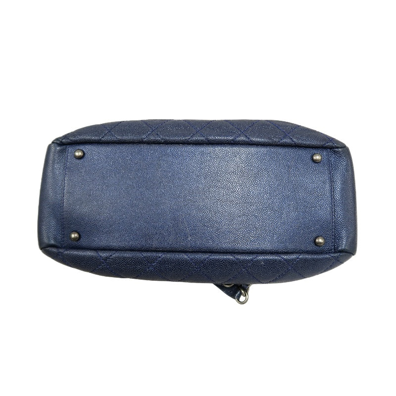 CHANEL Matelasse Calfskin Tote Shoulder Bag Navy Blue Silver Hardware