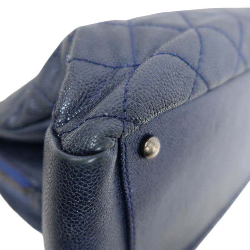 CHANEL Matelasse Calfskin Tote Shoulder Bag Navy Blue Silver Hardware