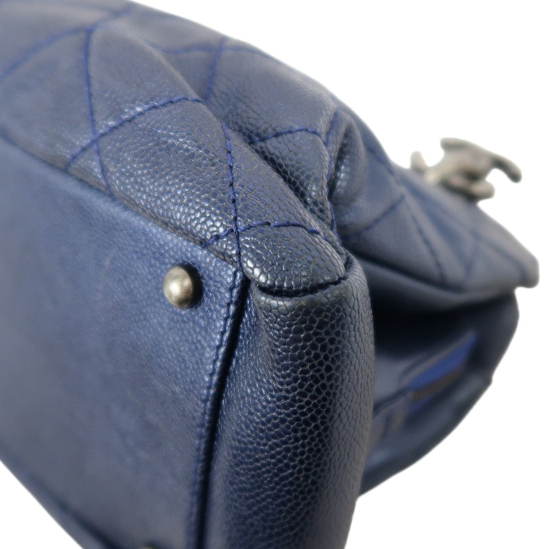 CHANEL Matelasse Calfskin Tote Shoulder Bag Navy Blue Silver Hardware