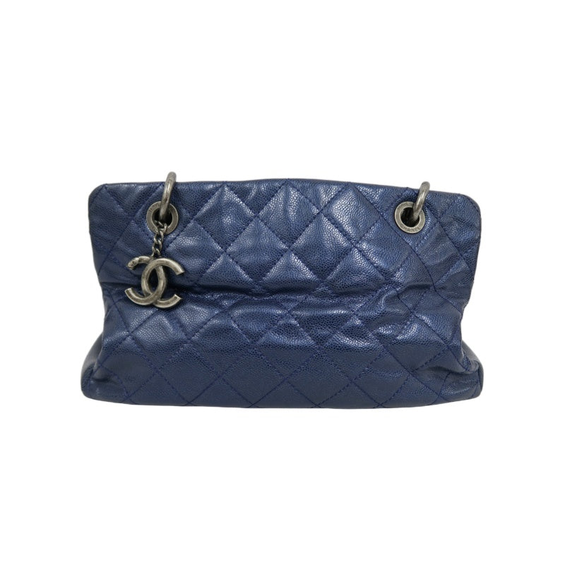 CHANEL Matelasse Calfskin Tote Shoulder Bag Navy Blue Silver Hardware