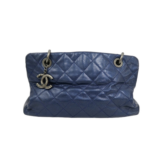 CHANEL Matelasse Calfskin Tote Shoulder Bag Navy Blue Silver Hardware