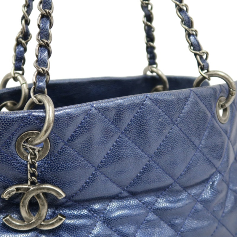 CHANEL Matelasse Calfskin Tote Shoulder Bag Navy Blue Silver Hardware