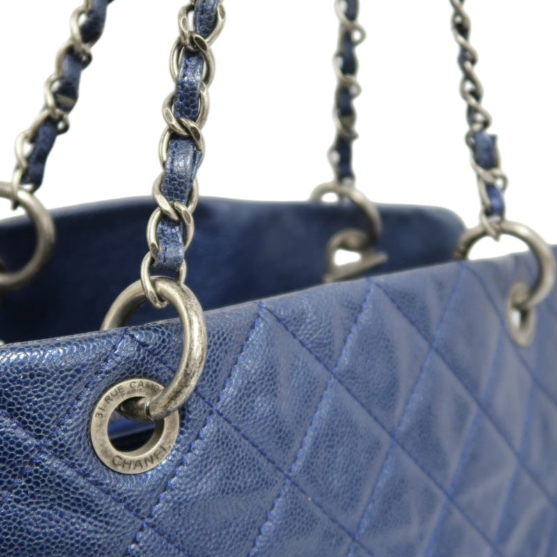 CHANEL Matelasse Calfskin Tote Shoulder Bag Navy Blue Silver Hardware