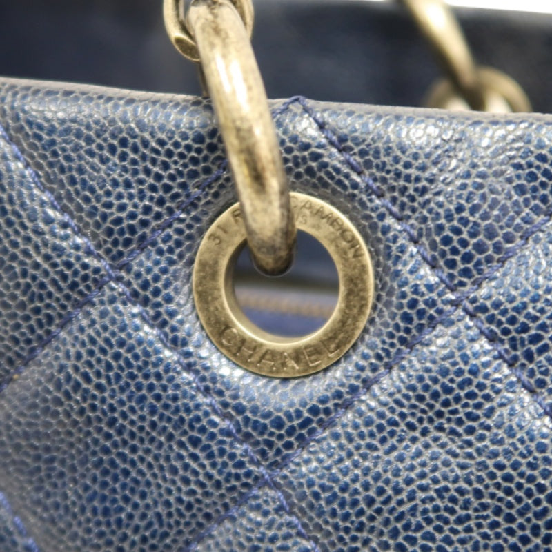 CHANEL Matelasse Calfskin Tote Shoulder Bag Navy Blue Silver Hardware