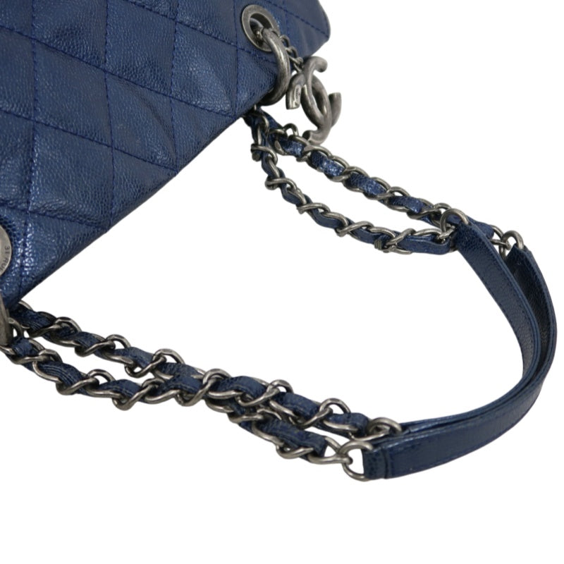 CHANEL Matelasse Calfskin Tote Shoulder Bag Navy Blue Silver Hardware