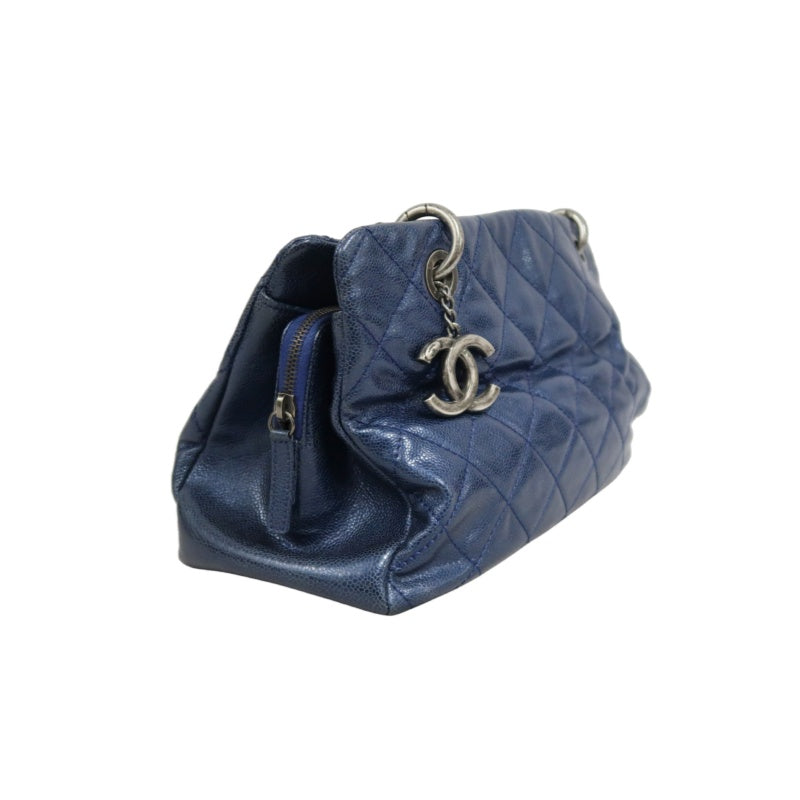 CHANEL Matelasse Calfskin Tote Shoulder Bag Navy Blue Silver Hardware