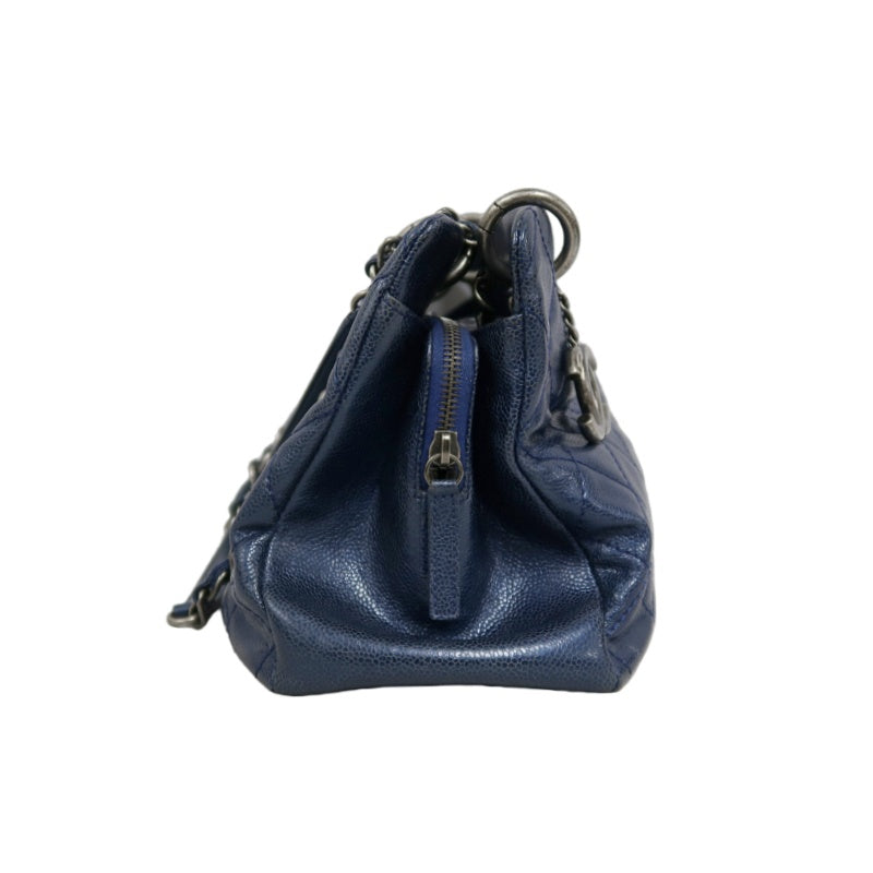 CHANEL Matelasse Calfskin Tote Shoulder Bag Navy Blue Silver Hardware