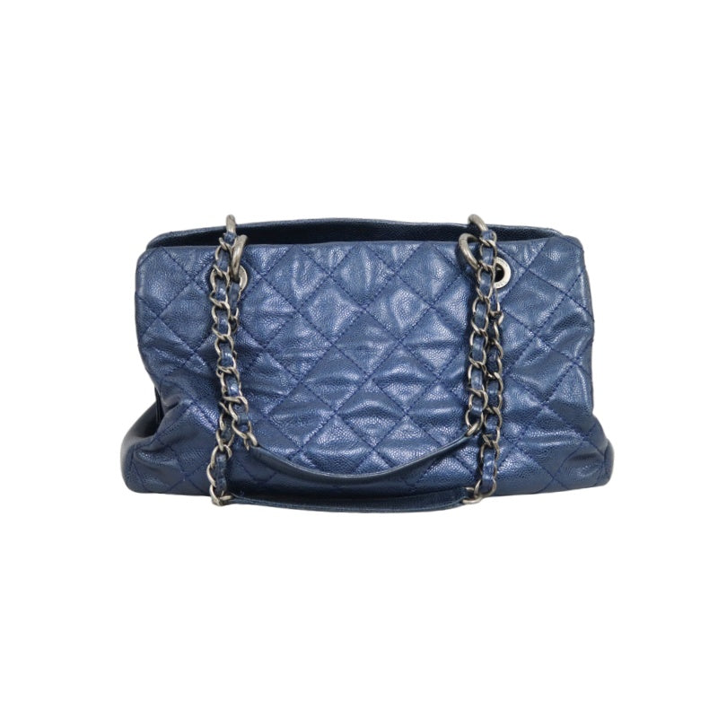 CHANEL Matelasse Calfskin Tote Shoulder Bag Navy Blue Silver Hardware
