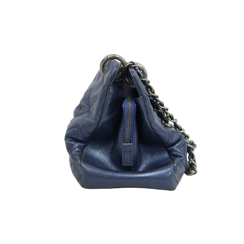 CHANEL Matelasse Calfskin Tote Shoulder Bag Navy Blue Silver Hardware