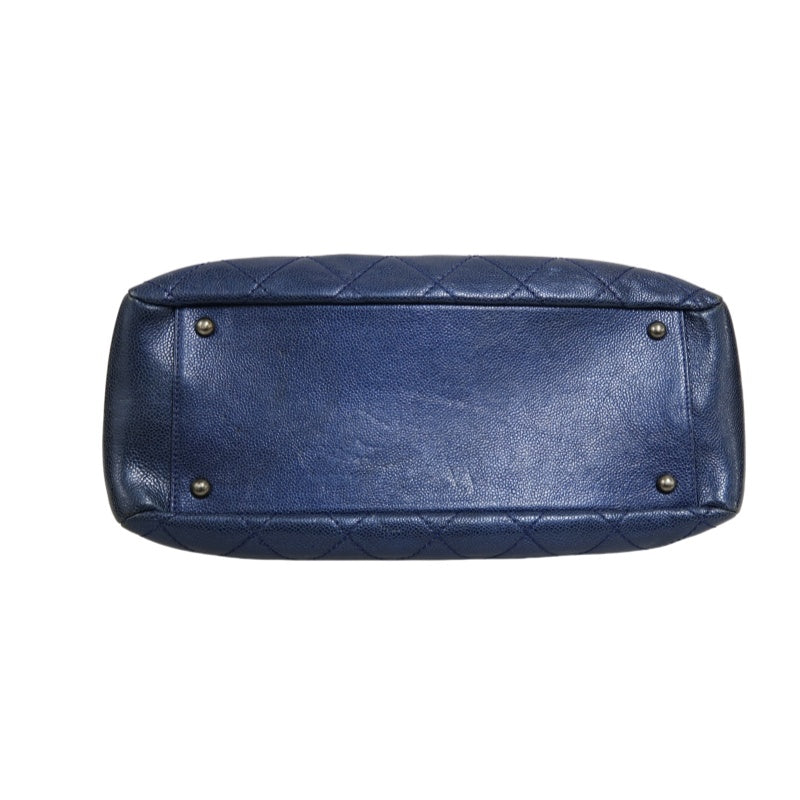 CHANEL Matelasse Calfskin Tote Shoulder Bag Navy Blue Silver Hardware