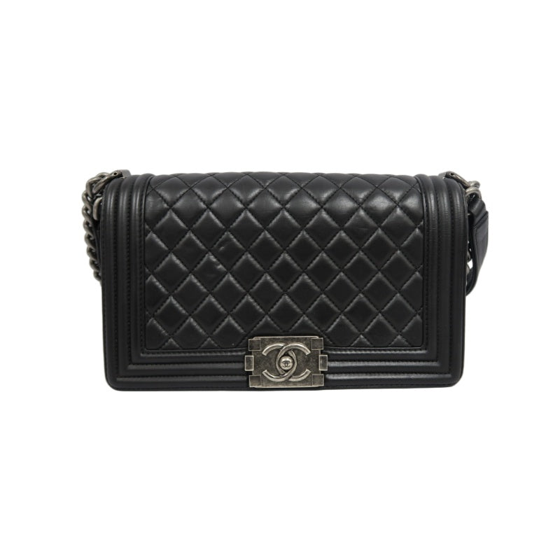 CHANEL BOY CHANEL Lambskin Shoulder Bag Black Silver Hardware