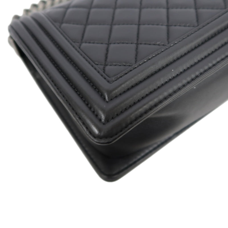 CHANEL BOY CHANEL Lambskin Shoulder Bag Black Silver Hardware