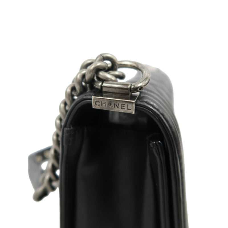 CHANEL BOY CHANEL Lambskin Shoulder Bag Black Silver Hardware