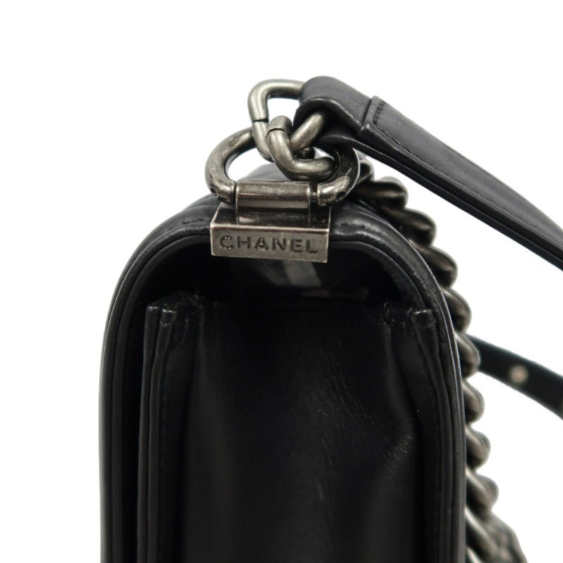 CHANEL BOY CHANEL Lambskin Shoulder Bag Black Silver Hardware